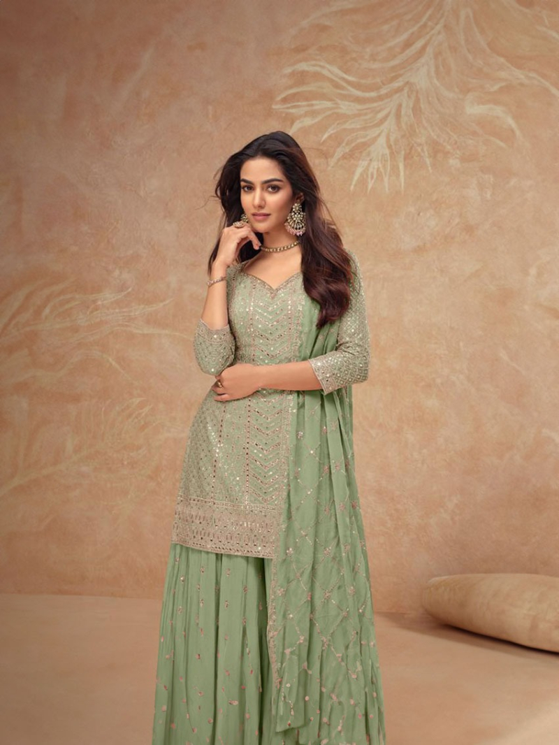 Elegant Ethnic Pista Green Chinnon Silk Embroidered Plazo Suit