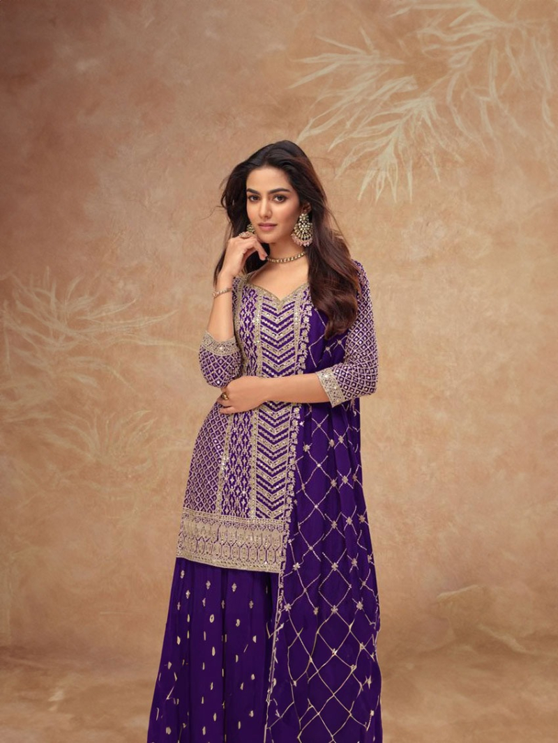 Elegant Ethnic Purple Chinnon Silk Embroidered Plazo Suit