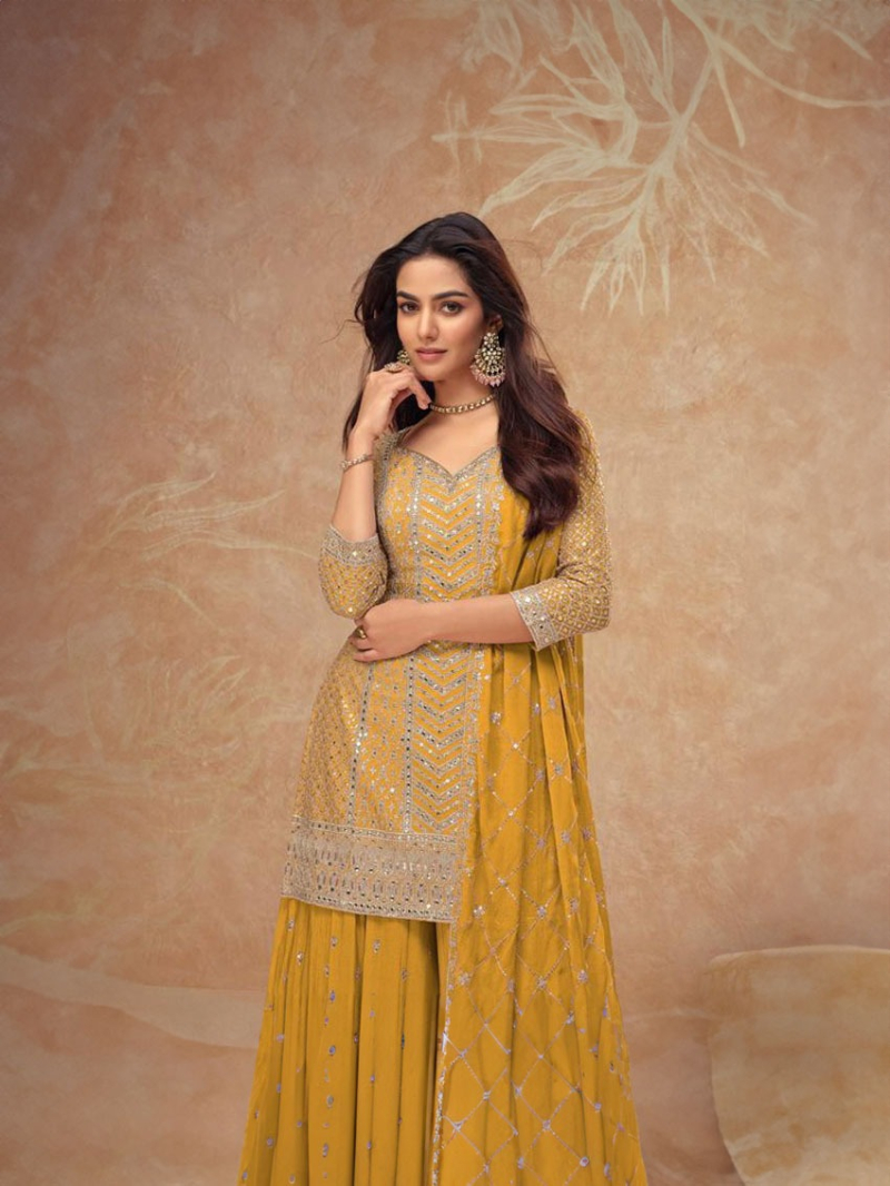 Elegant Traditional Mustard Yellow Chinnon Silk Embroidered Plazo Suit