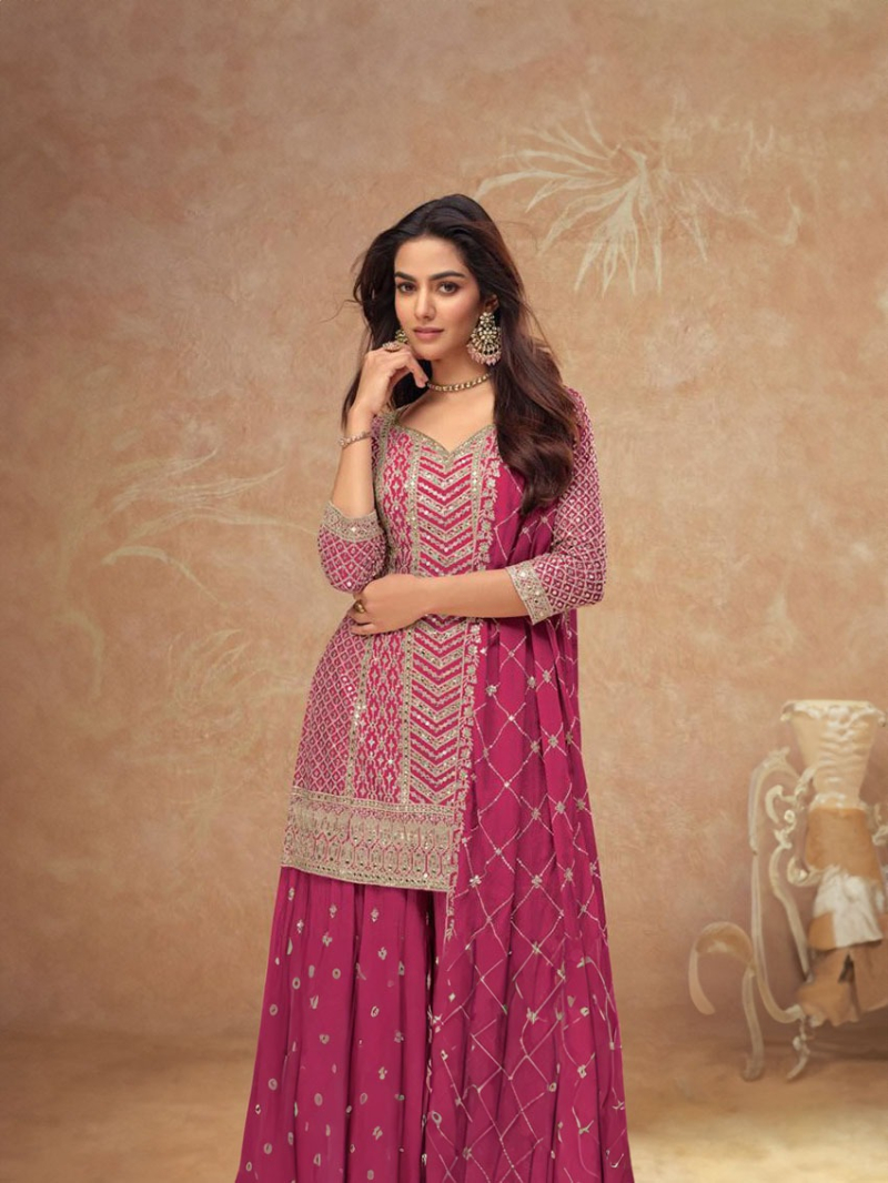Ethnic Elegant Festive Magenta Pink Chinnon Silk Embroidered Plazo Suit