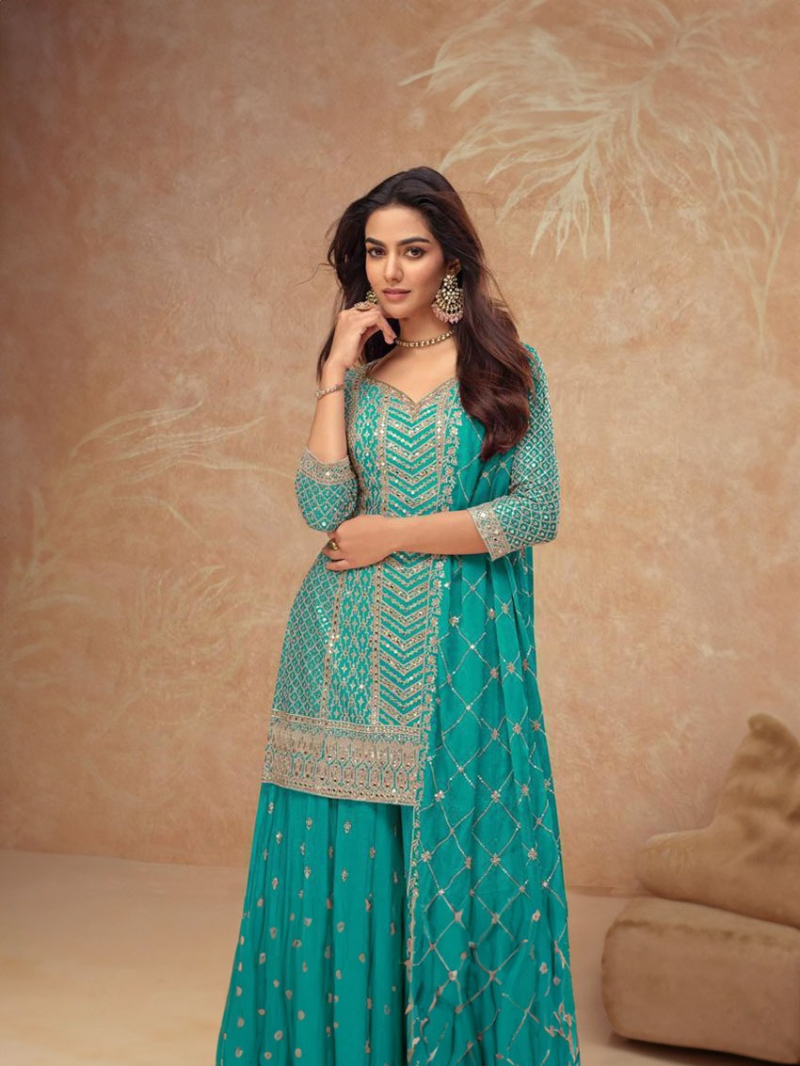 Ethnic Traditional Ram Green Chinnon Silk Embroidered Plazo Suit