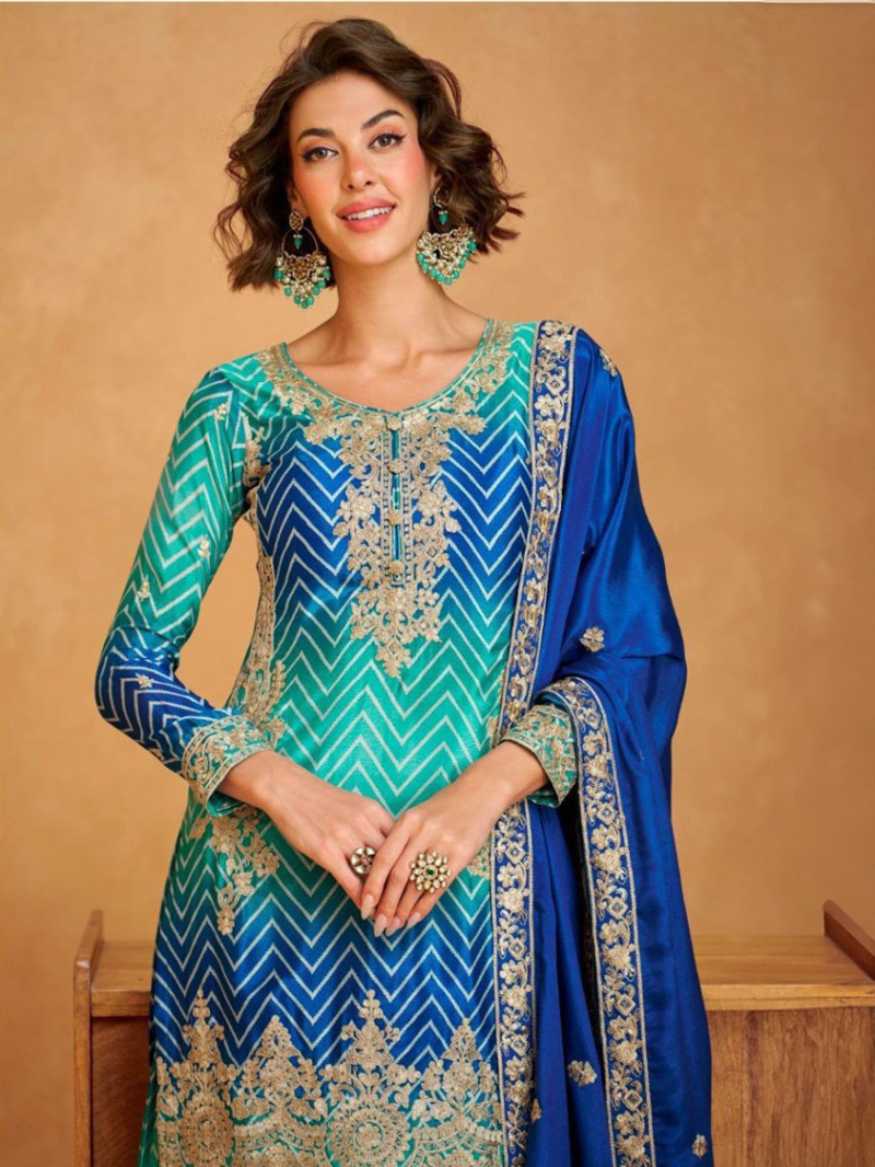 Elegant Traditional Blue And Turquoise Chinnon Silk Plazo Suit