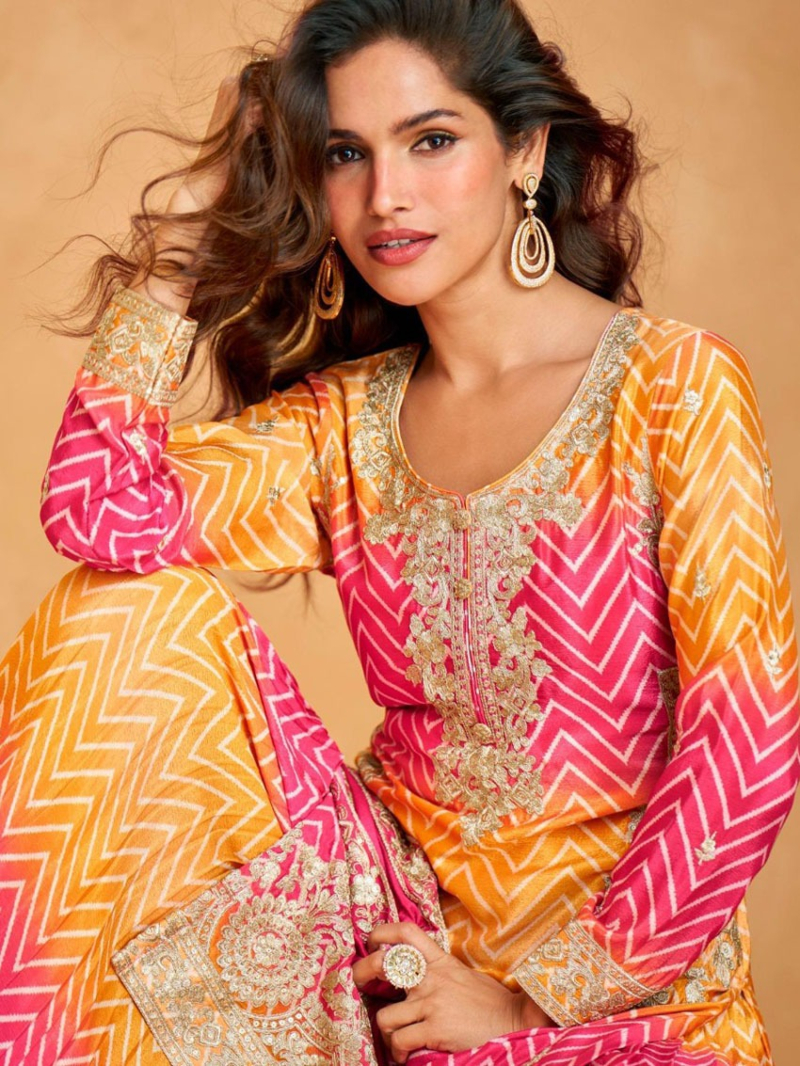 Ethnic Festive Yellow And Rani Chinnon Silk Plazo Suit