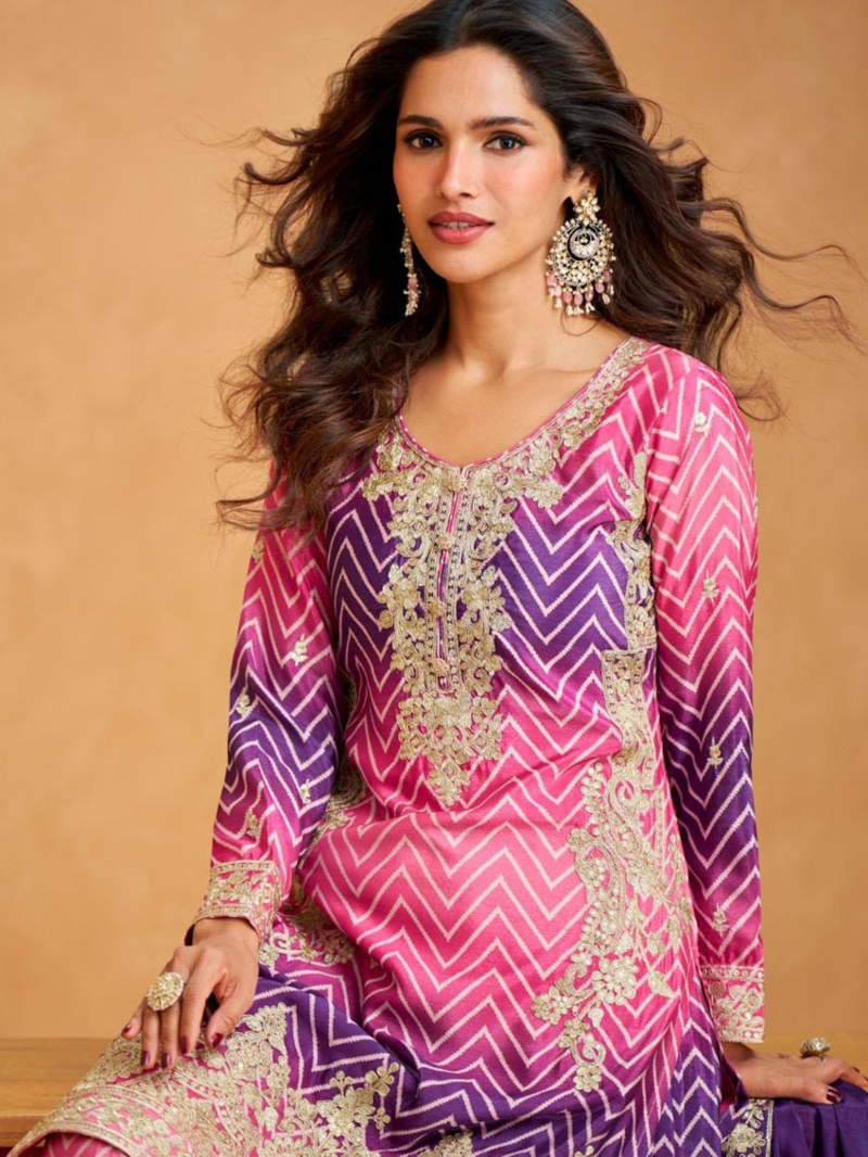 Ethnic Festive Pink And Purple Chinnon Silk Plazo Suit