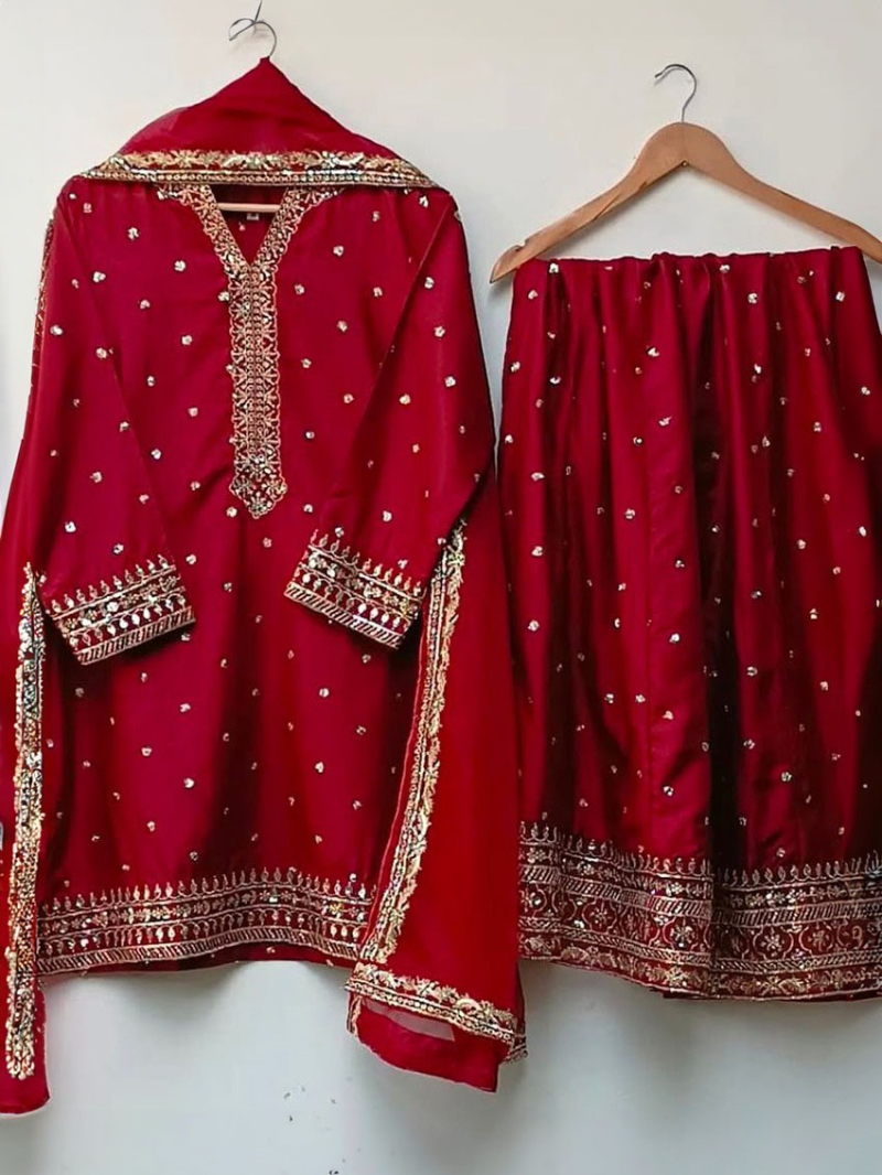Ethnic Festive Maroon Pure Chinnon Silk Embroidered Lehanga Suit