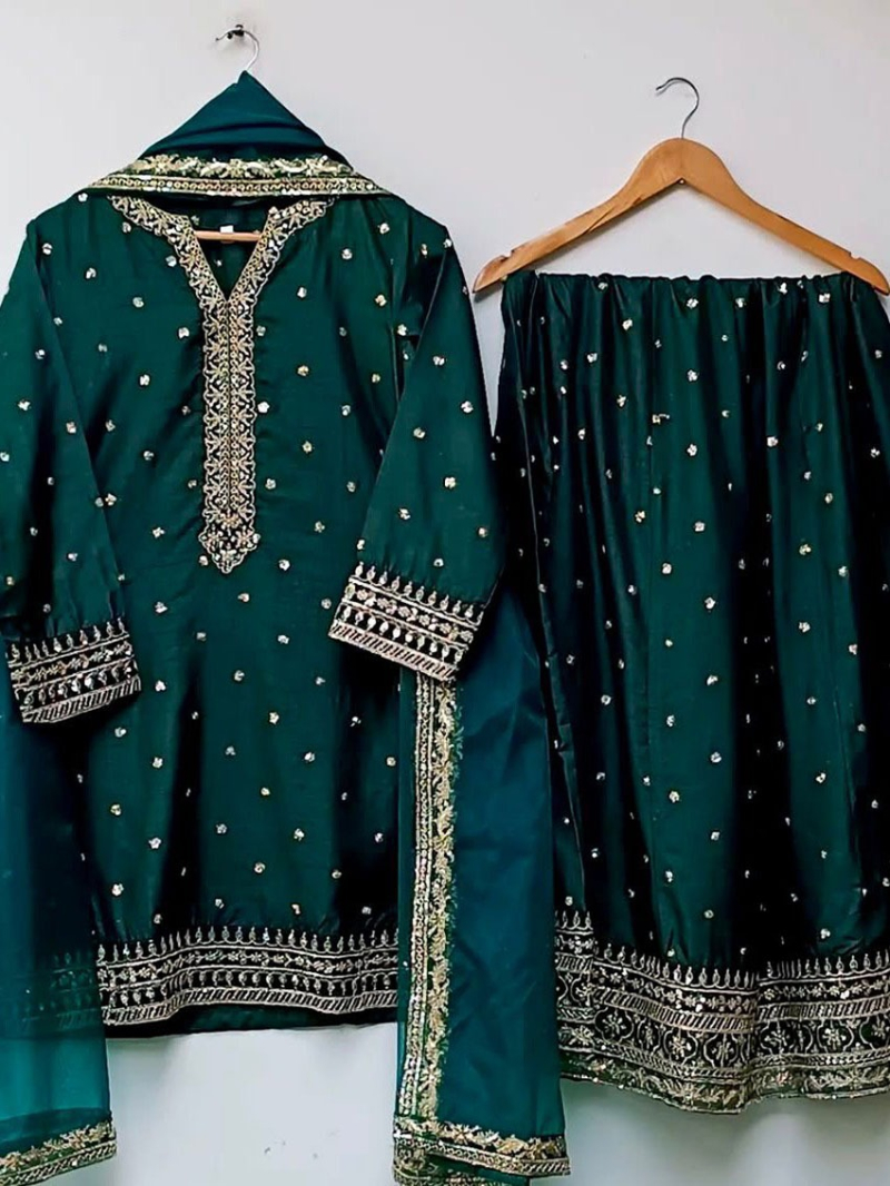Ethnic Festive Bottle Green Pure Chinnon Silk Embroidered Lehanga Suit