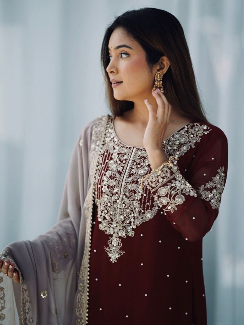 Elegant Majestic Maroon Heavy Faux Georgette Embroidered Plazo Suit