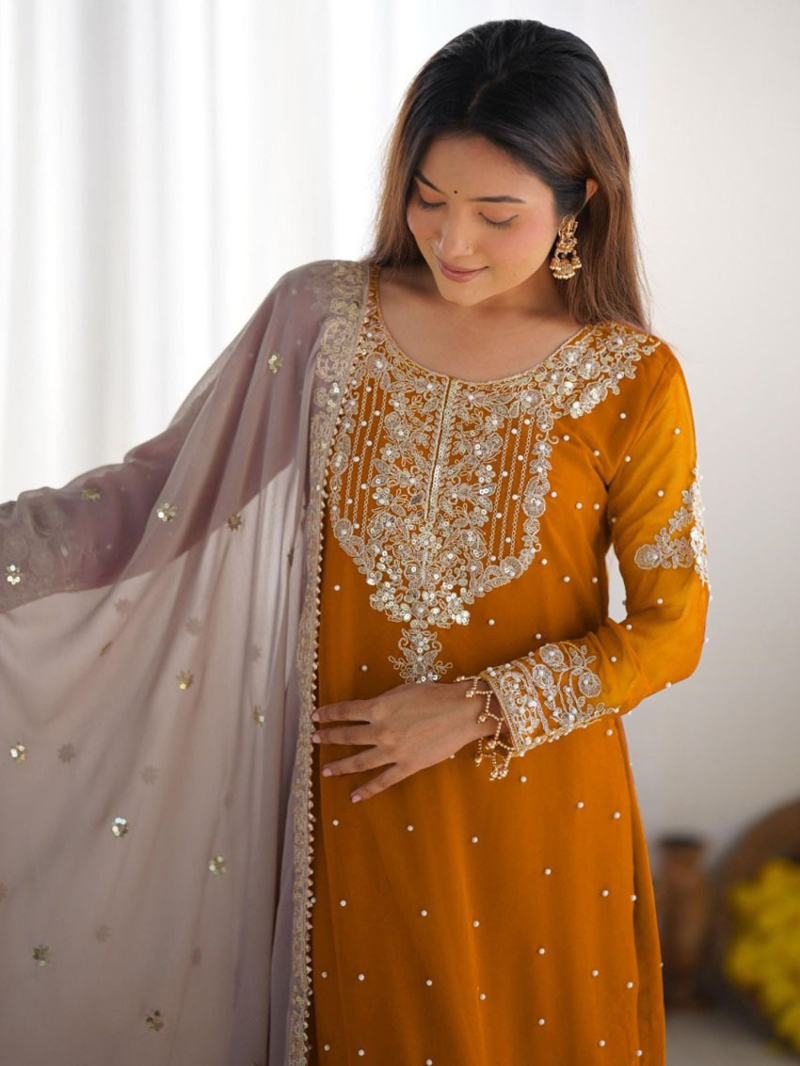  Ethnic Festive Radiant Mustard Faux Georgette Embroidered Plazo Suit