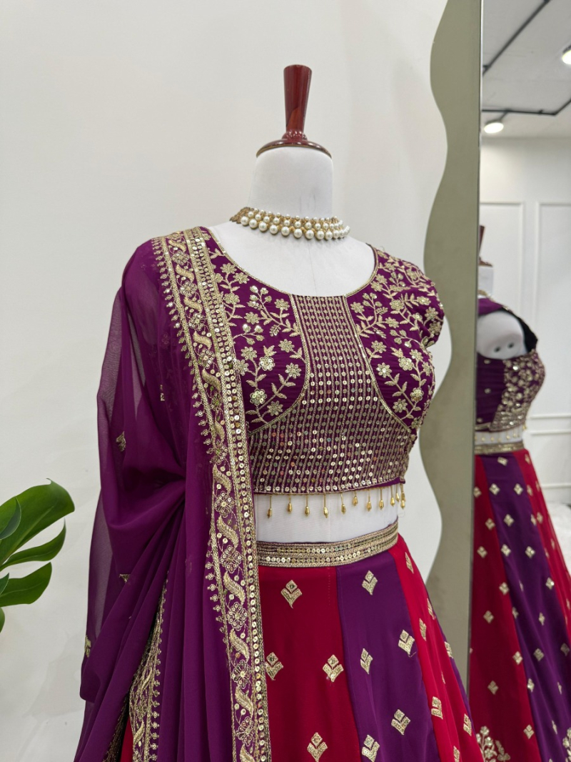 Elegant Traditional Regal Maroon and Purple Thread Work Lehanga Suit