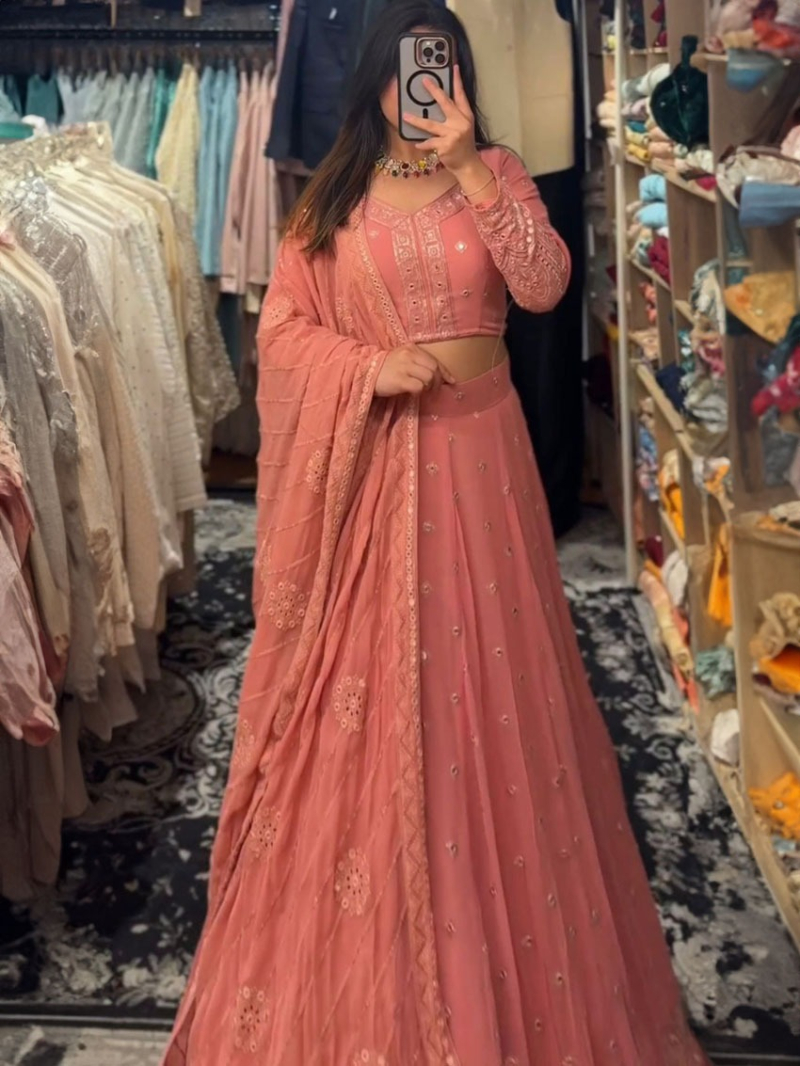 Elegant Festive Peach Faux Georgette Lehanga Suit