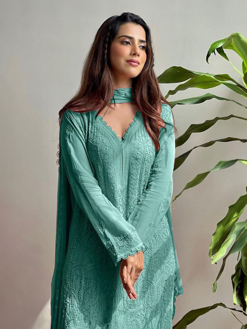 Ethnic Festive Green Chikankari Long Salwar Kurti Plazo Suit