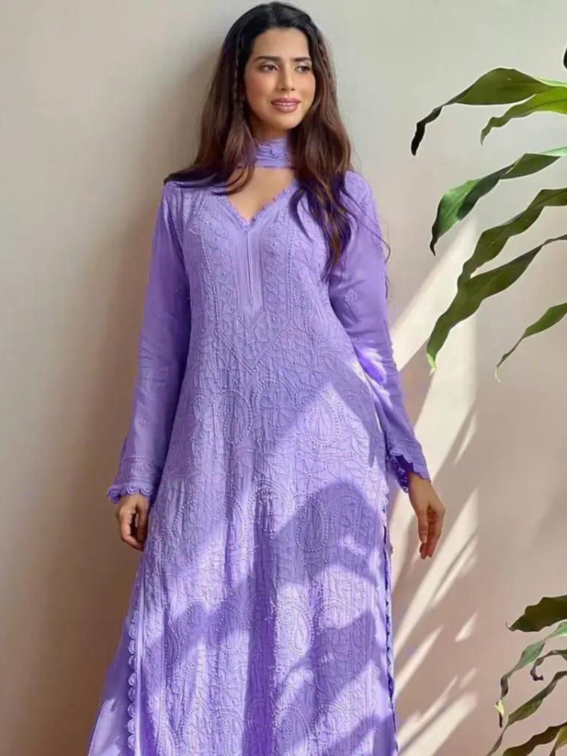Ethnic Festive Lavender Chikankari Long Salwar Kurti Plazo Suit