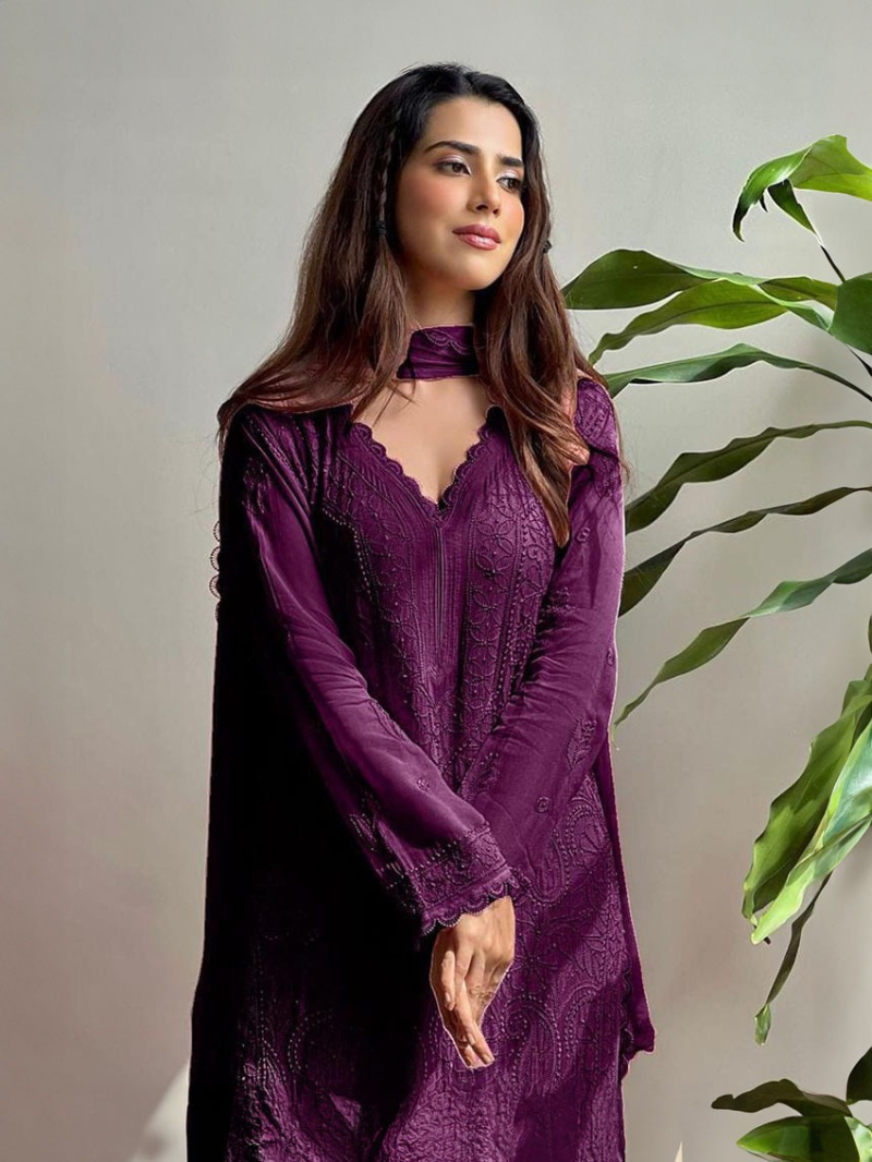 Ethnic Traditional Festive Deep Wine Chikankari Long Salwar Kurti Plazo Suit