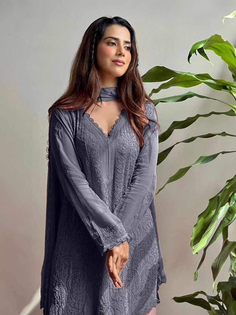 Elegant Festive Grey  Chikankari Long Salwar Kurti Plazo Suit