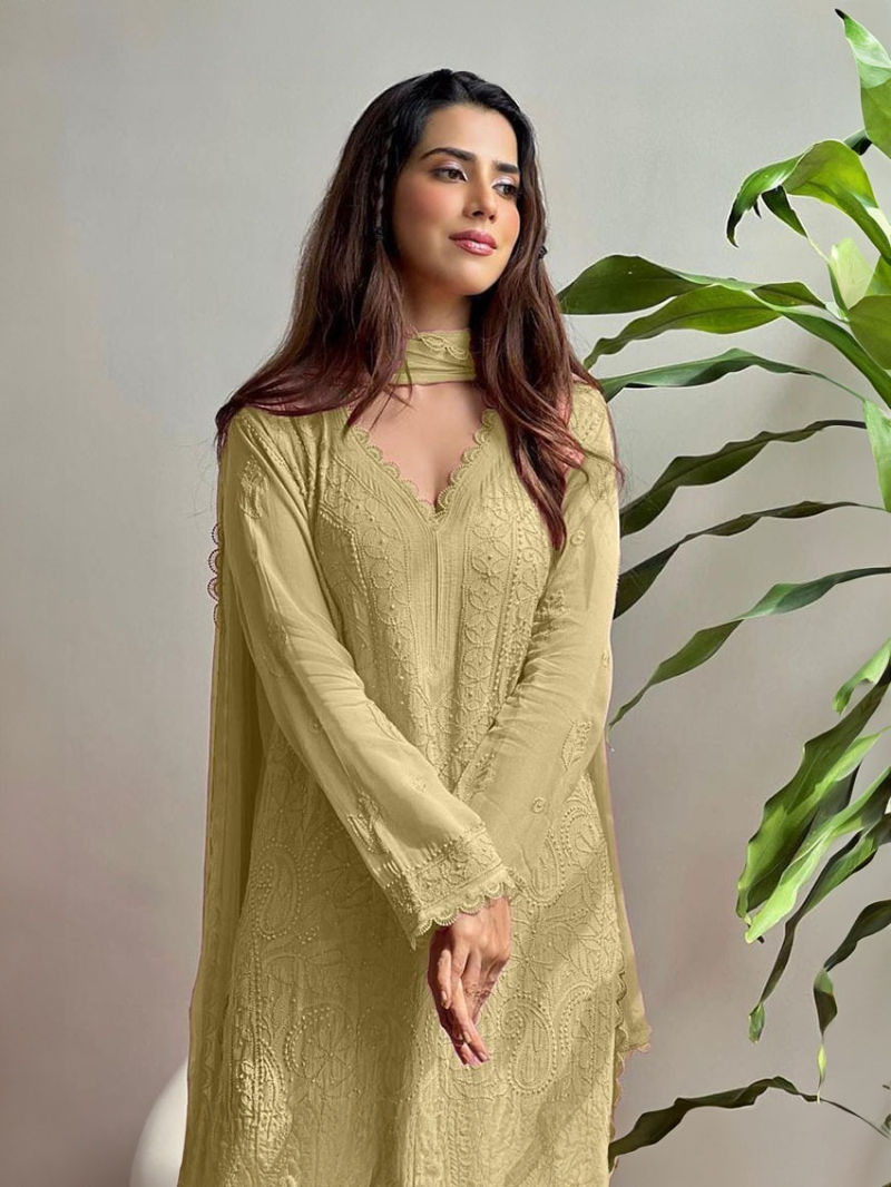 Elegant Festive Pastel olive Green Chikankari Long Salwar Kurti Plazo Suit