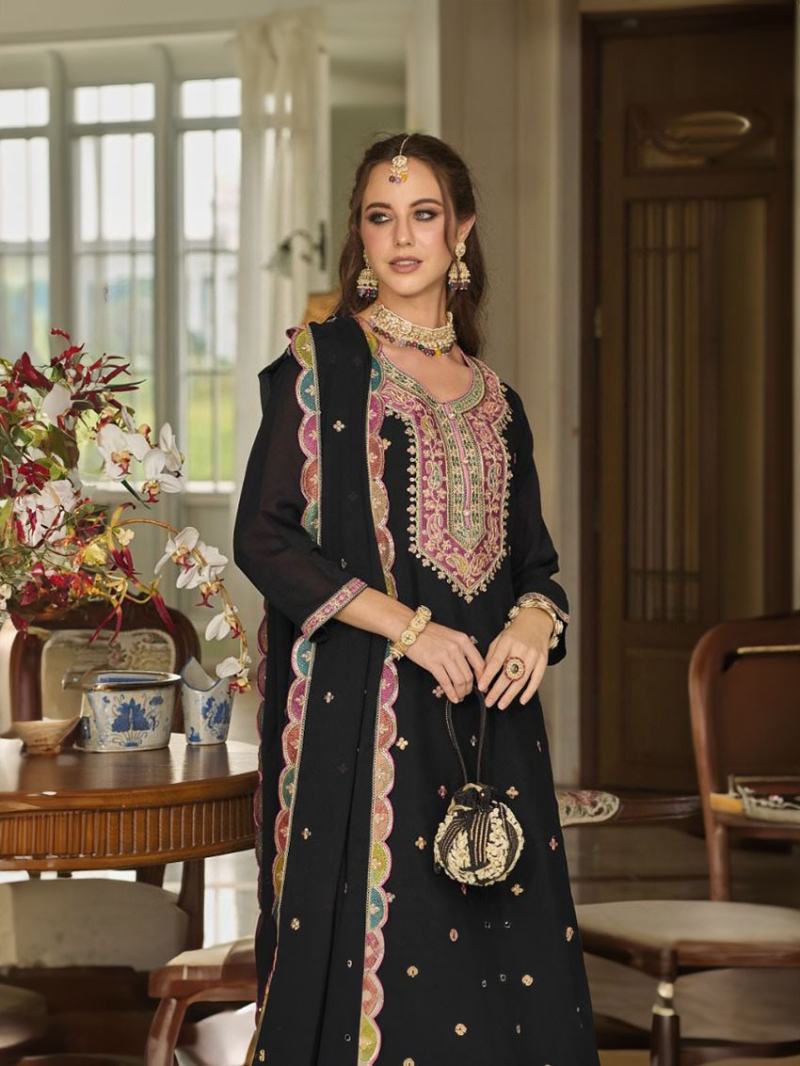Ethnic Festive Heavy Black Chinnon Embroidered Plazo Suit