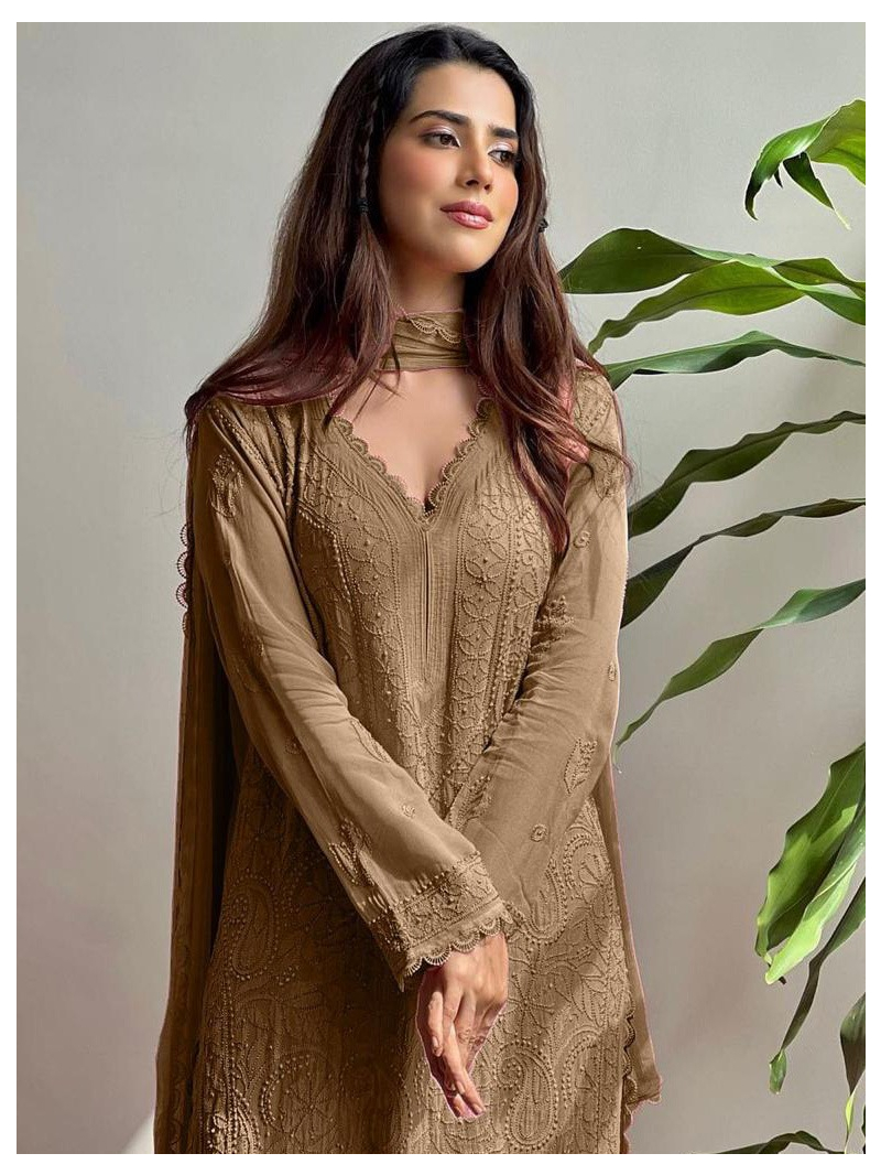 Ethnic Festive Traditional Brown  Chikankari Long Salwar Kurti Plazo Suit