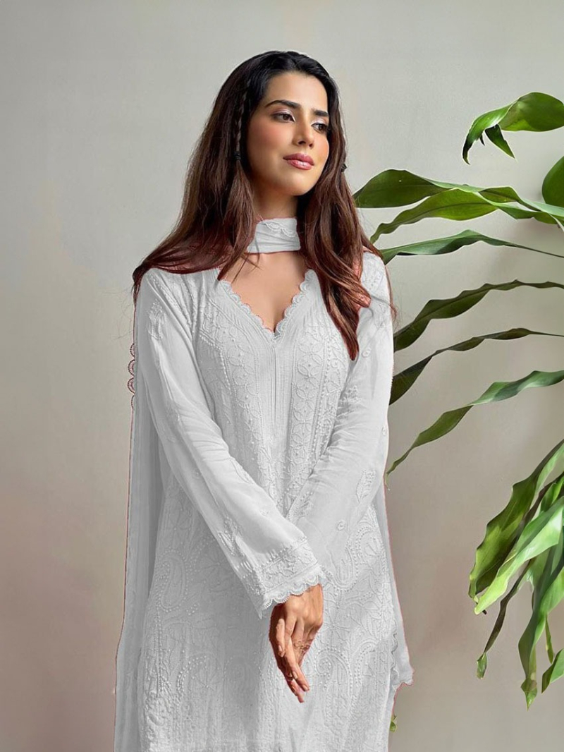 Ethnic Festive White Chikankari Long Salwar Kurti Plazo Suit