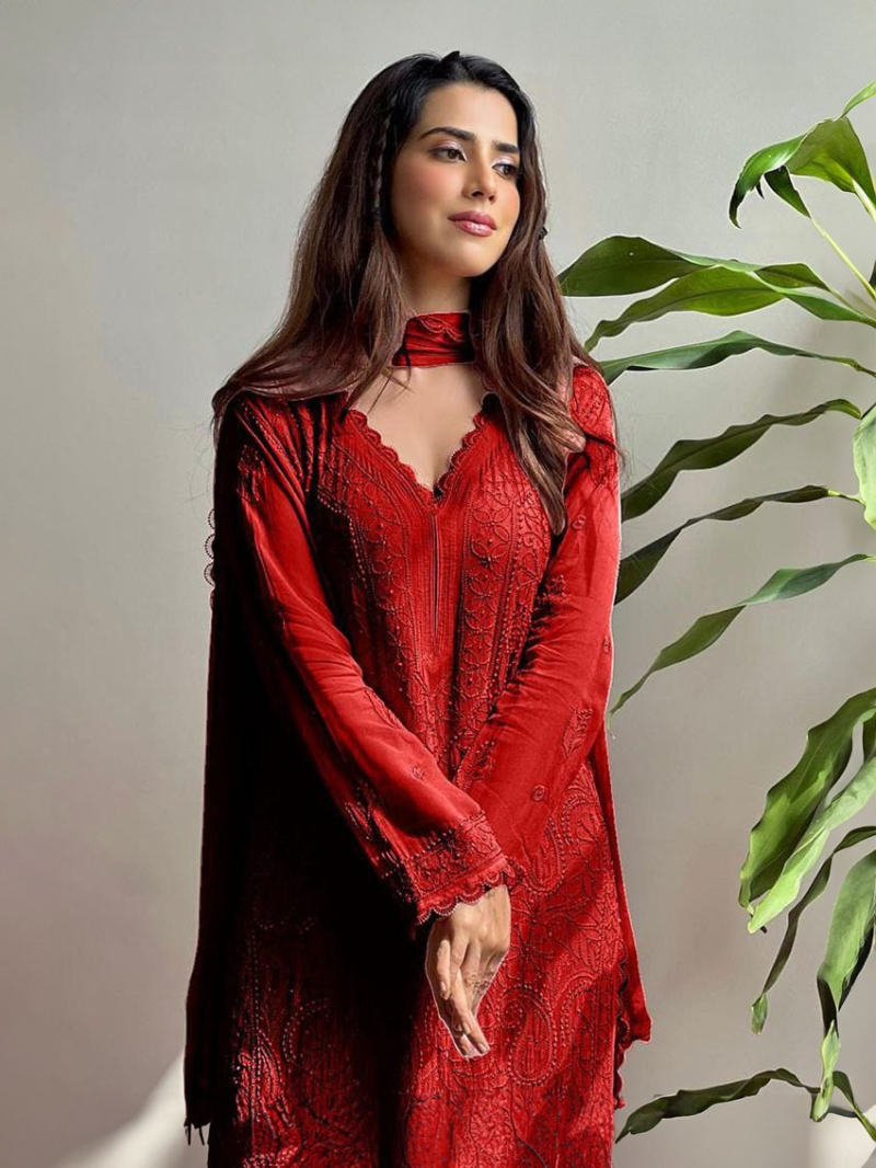 Elegant Traditional Festive Red Chikankari Long Salwar Kurti Plazo Suit