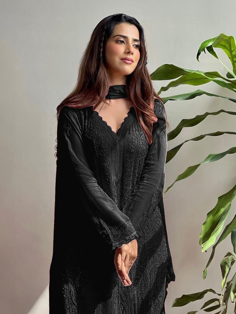 Elegant Festive Black Chikankari Long Salwar Kurti Plazo Suit