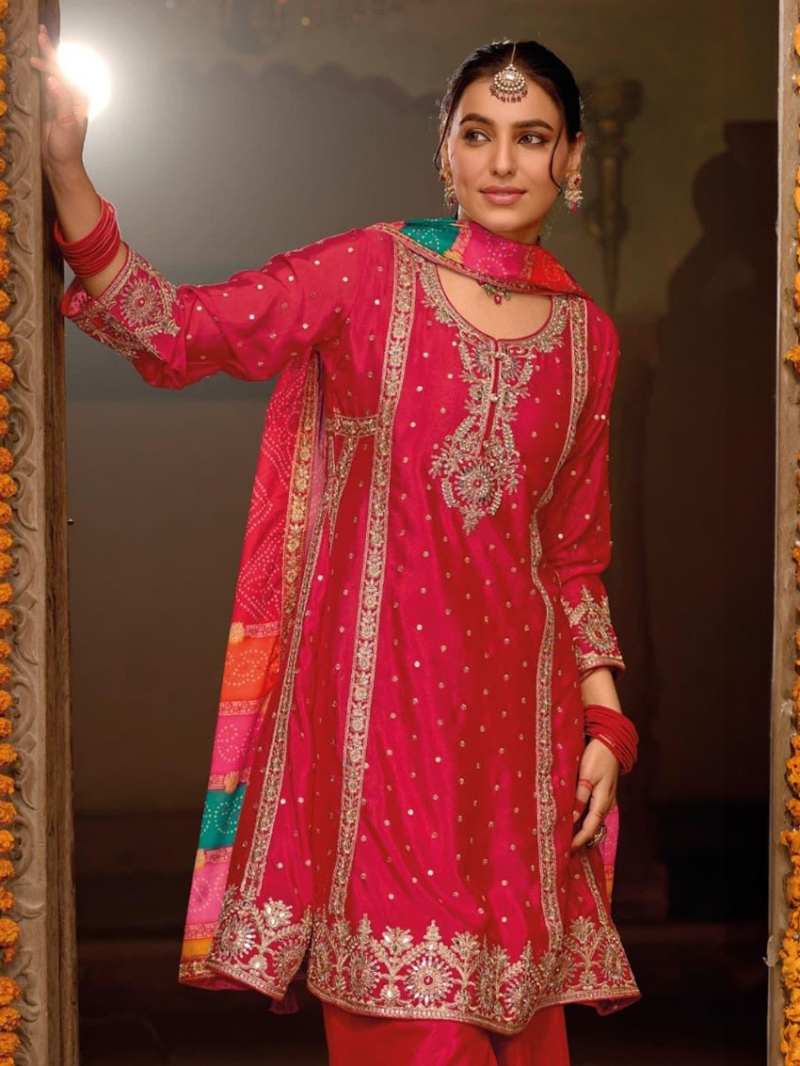 Elegant Heavy Rani Chinnon Silk Embroidered Plazo Suit