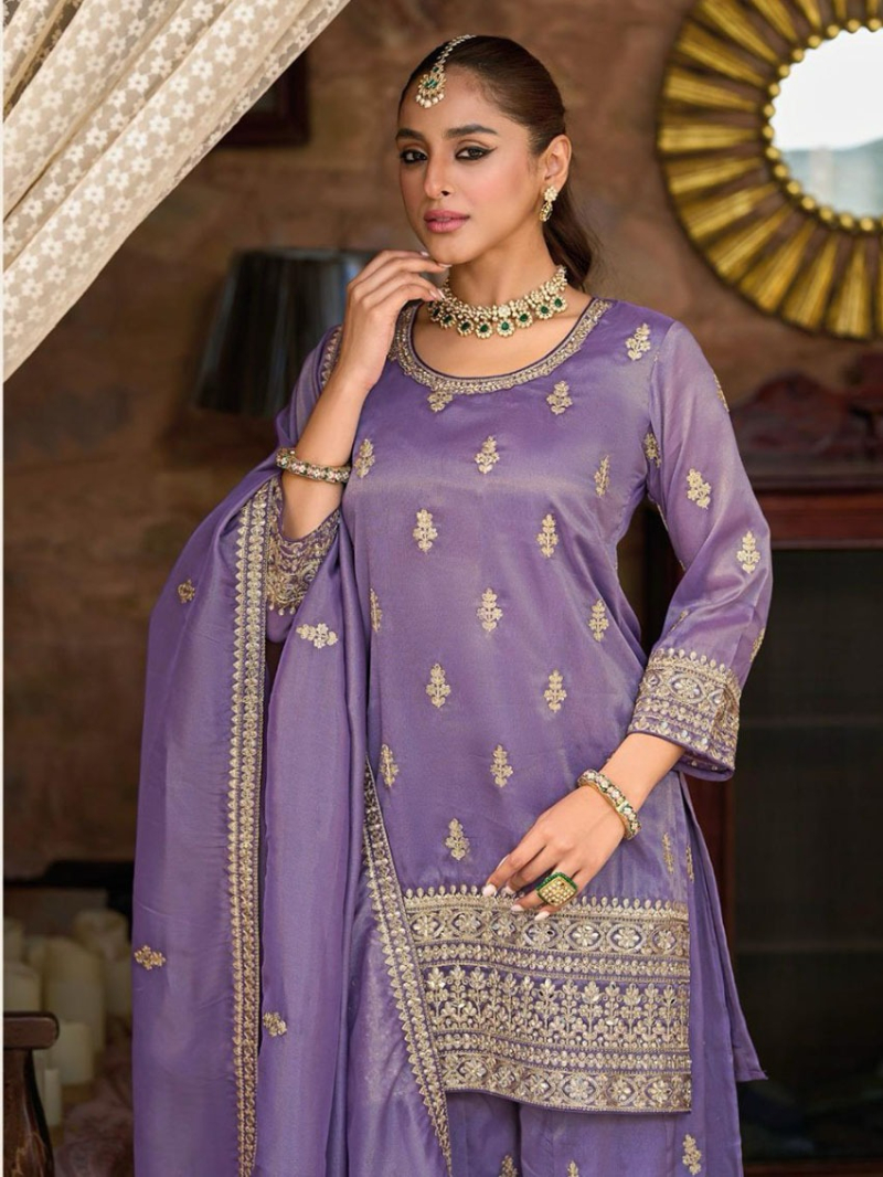 Elegant Festive Traditional Lavender Shimmer  Embroidered Plazo Suit