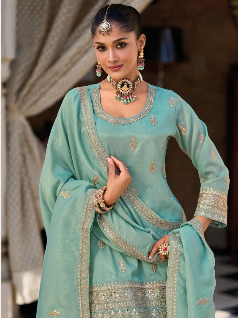 Elegant Festive Mint Green Shimmer Embroidered Plazo Suit