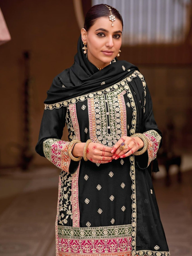Ethnic Traditional Black Chinnon Embroidered Plazo Suit