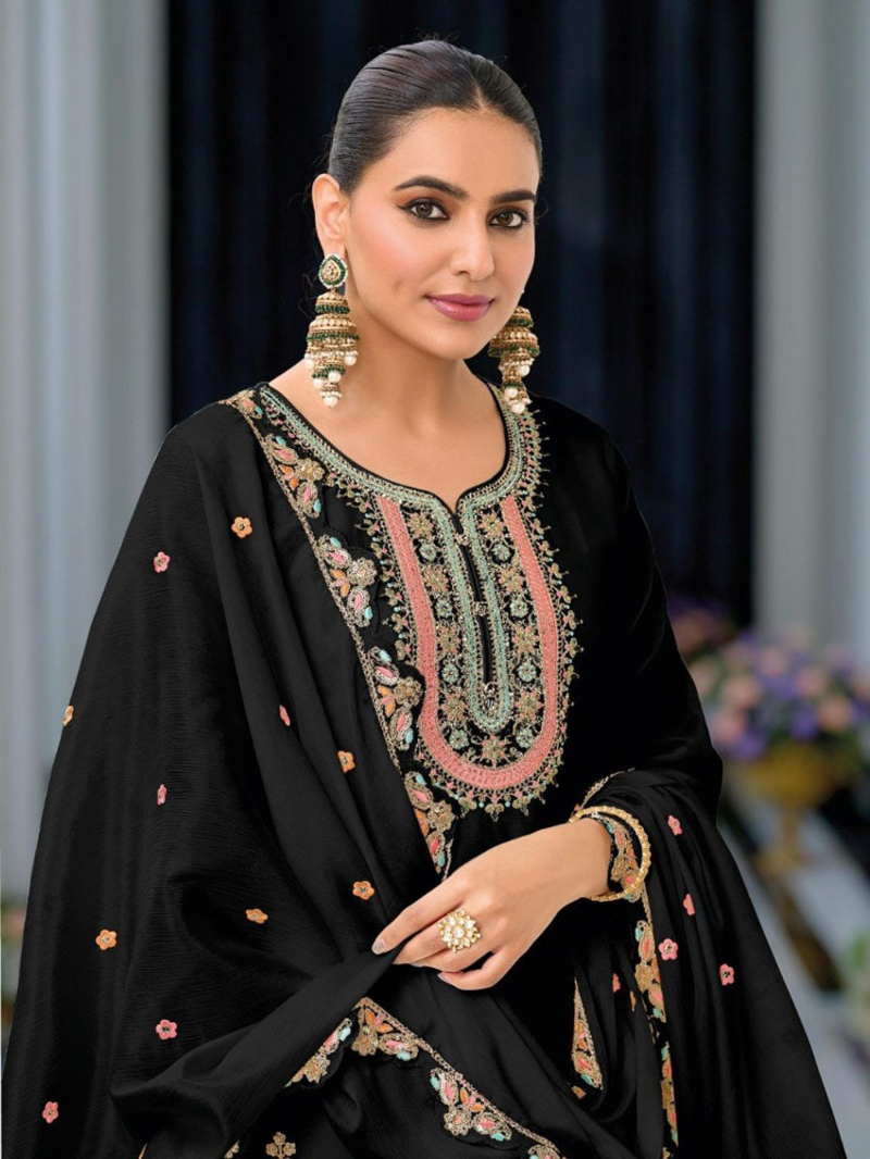 Elegant Heavy Black Chinnon Silk Embroidered Plazo Suit