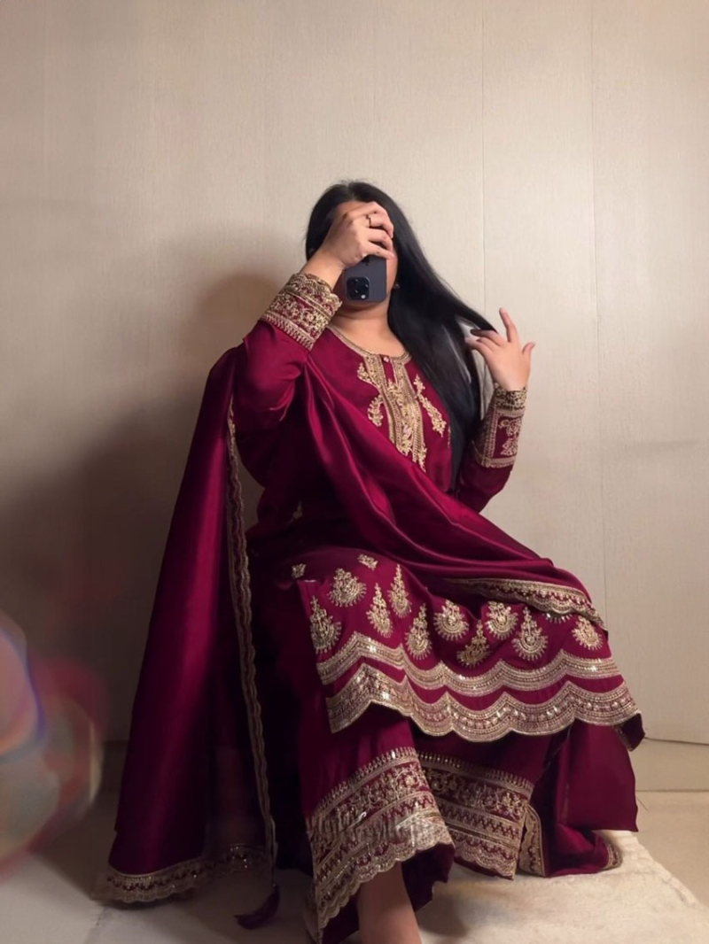 Authentic Ethnic Festive Maroon Crepe Silk Embroidered Straight Suit
