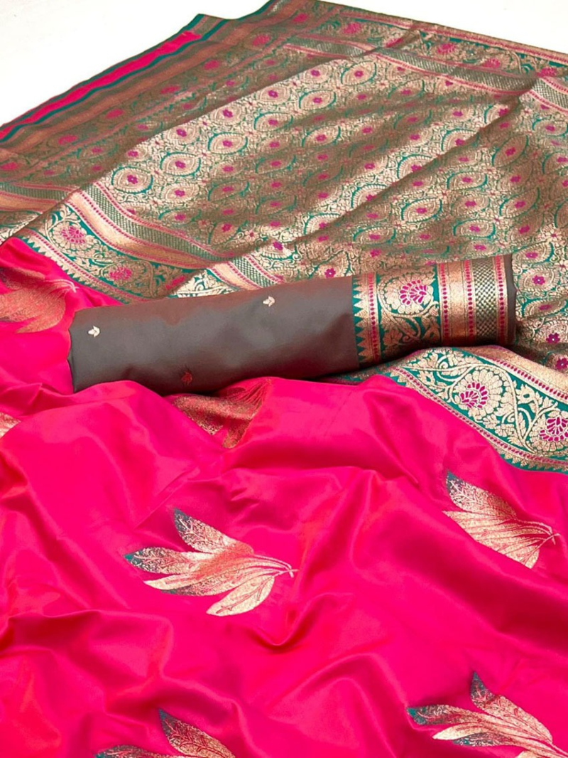 Elegant Festive Ethnic vibran Rani Pink Pathani Silk Saree