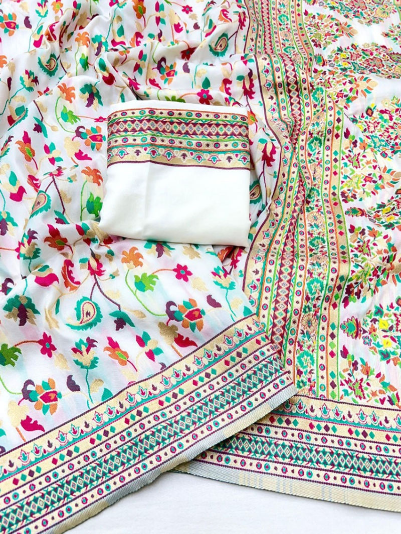 Traditional Ethnic Festive White Pashmina Silk Saree