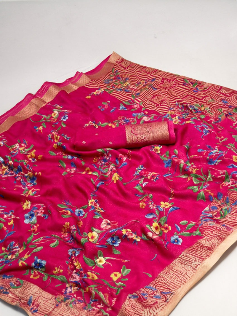 Authentic Festive Traditional Bright Pink Soft Moss Mellow Saree