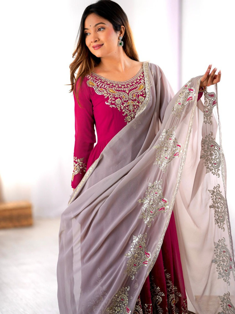 Elegant Heavy Hot Pink Georgette Embroidered Anarkali  Suit