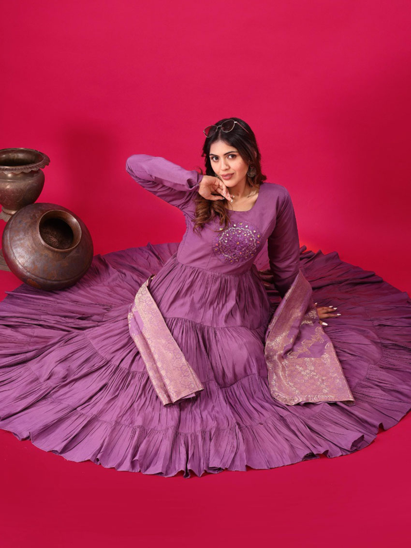 Ethnic Casual Festive Purple Roman Silk Gown Anarkali Suit