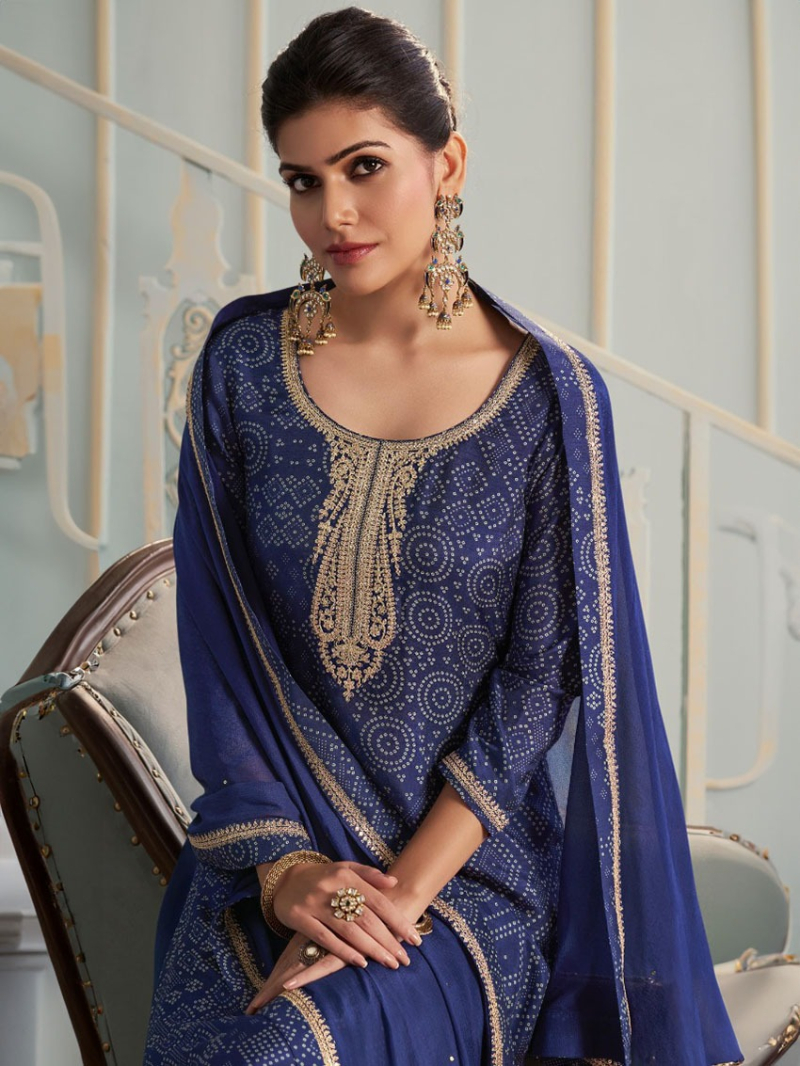Elegant Festive Traditional Navy Blue Digital Print Straight Suit 