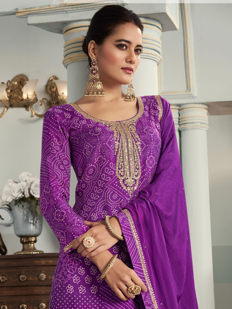 Elegant Ethnic Traditional Purple Digital Print Straight Suit