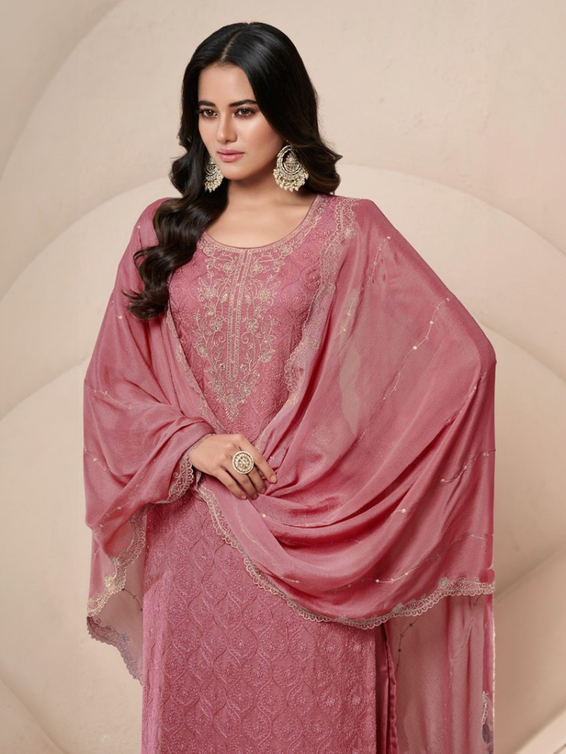 Festive Traditional Dusty Rose Pink Embroidered Organza Silk Plazo Suit 