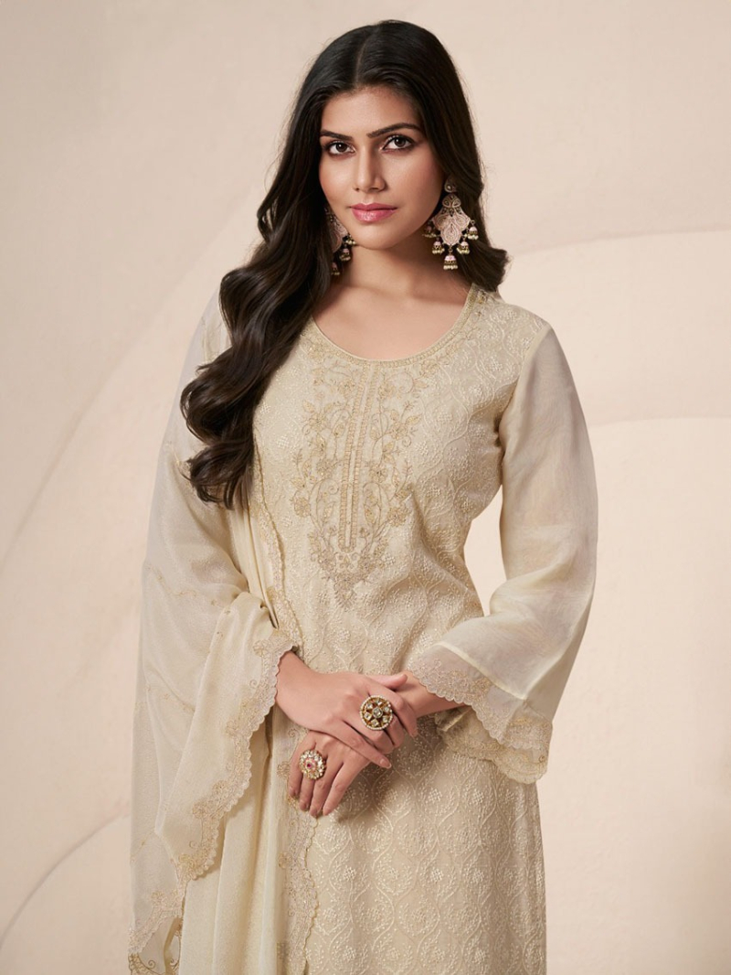 Festive Traditional  Beige Embroidered Organza Silk Plazo Suit