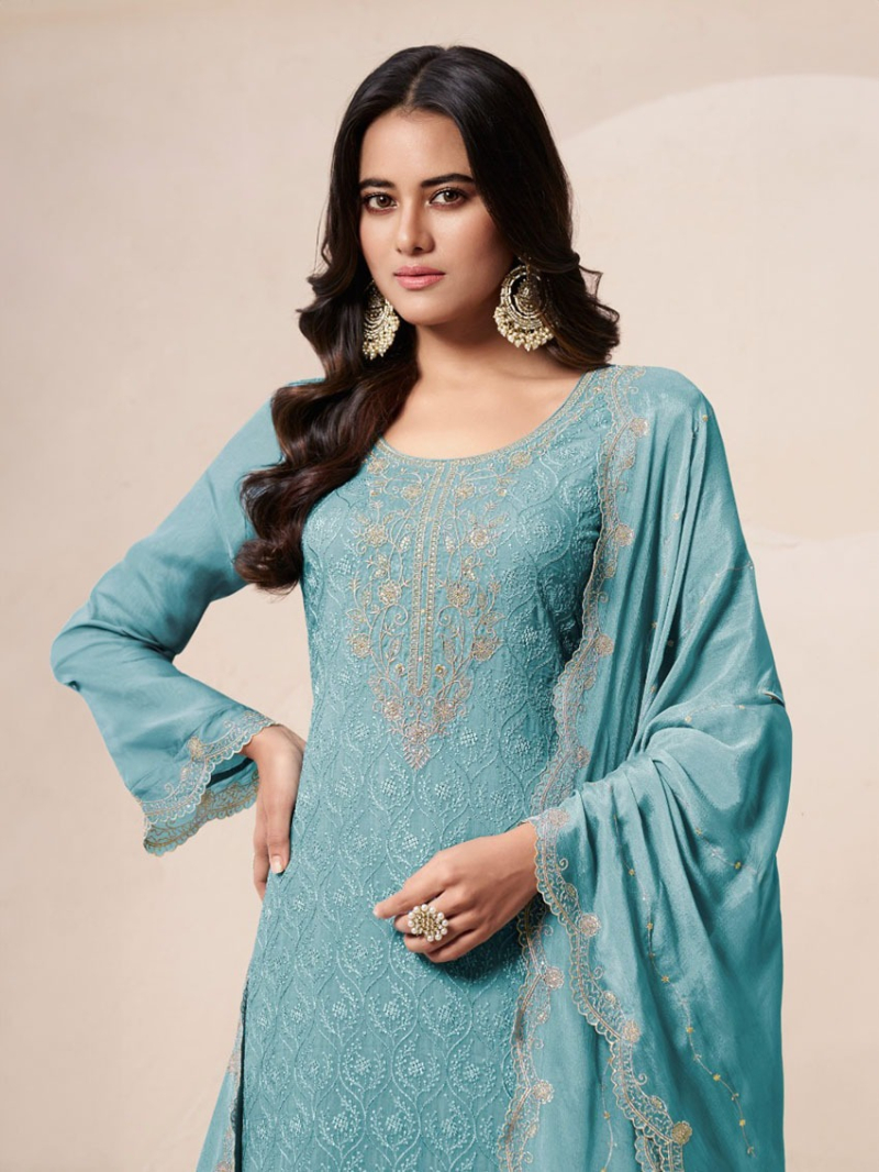 Ethnic Traditional Festive Teal Green Embroidered Organza Silk Plazo Suit