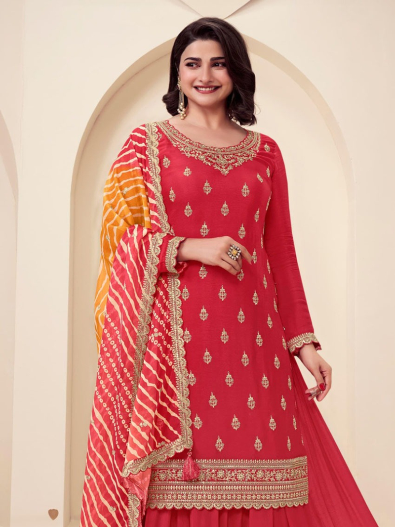 Traditional Ethnic Rani Pink Embroidered Chinnon Silk Sharara Suit