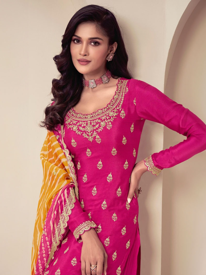 Traditional Elegant Vibrant Hot Pink Embroidered Chinnon Silk Sharara Suit