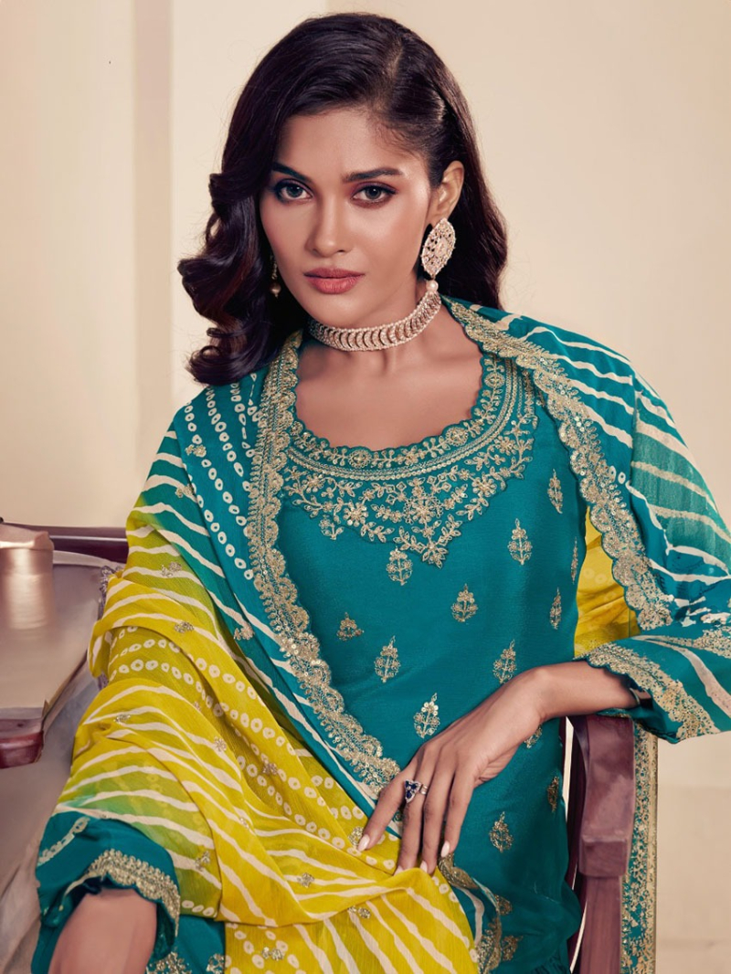 Authentic Festive Peacock Teal Embroidered Chinnon Silk Sharara Suit