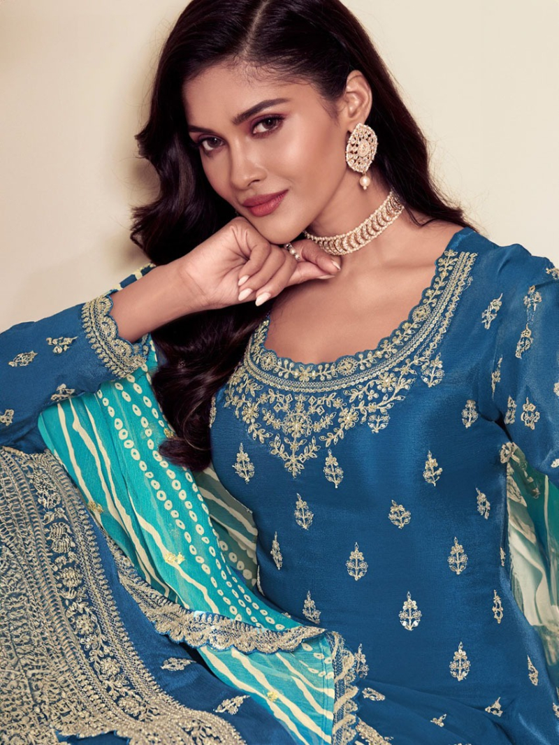 Elegant  Festive Deep Teal Blue Embroidered Chinnon Silk Sharara Suit