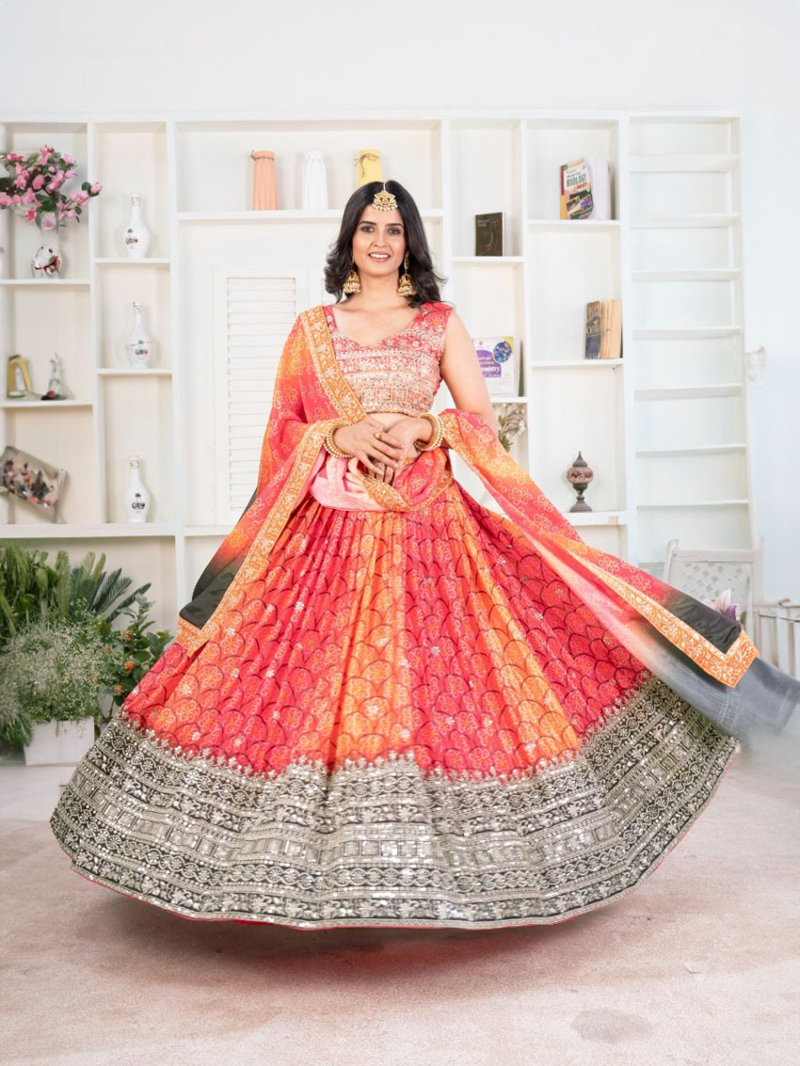 Vibrant Chinon Silk Party Wear Lehanga Suit