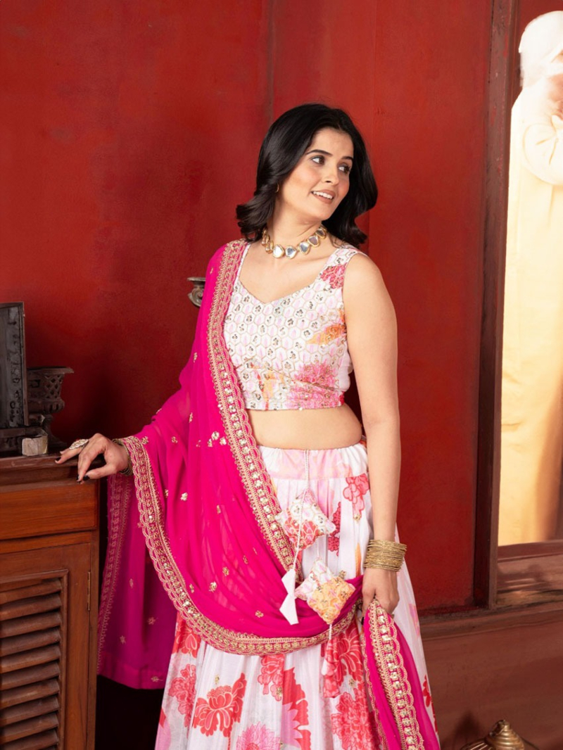 Elegant Off-White Printed Lehanga Suit