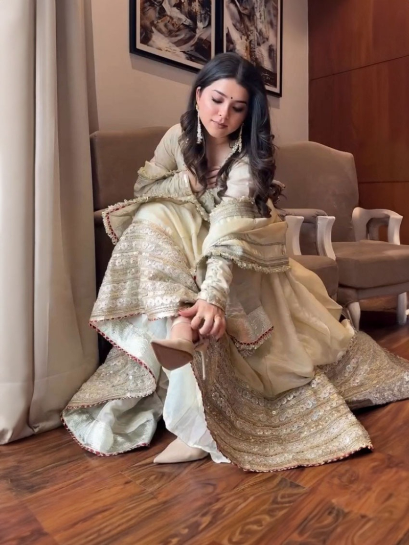 Authentic Festive Traditional Ivory Chinnon Silk Anarkali Set