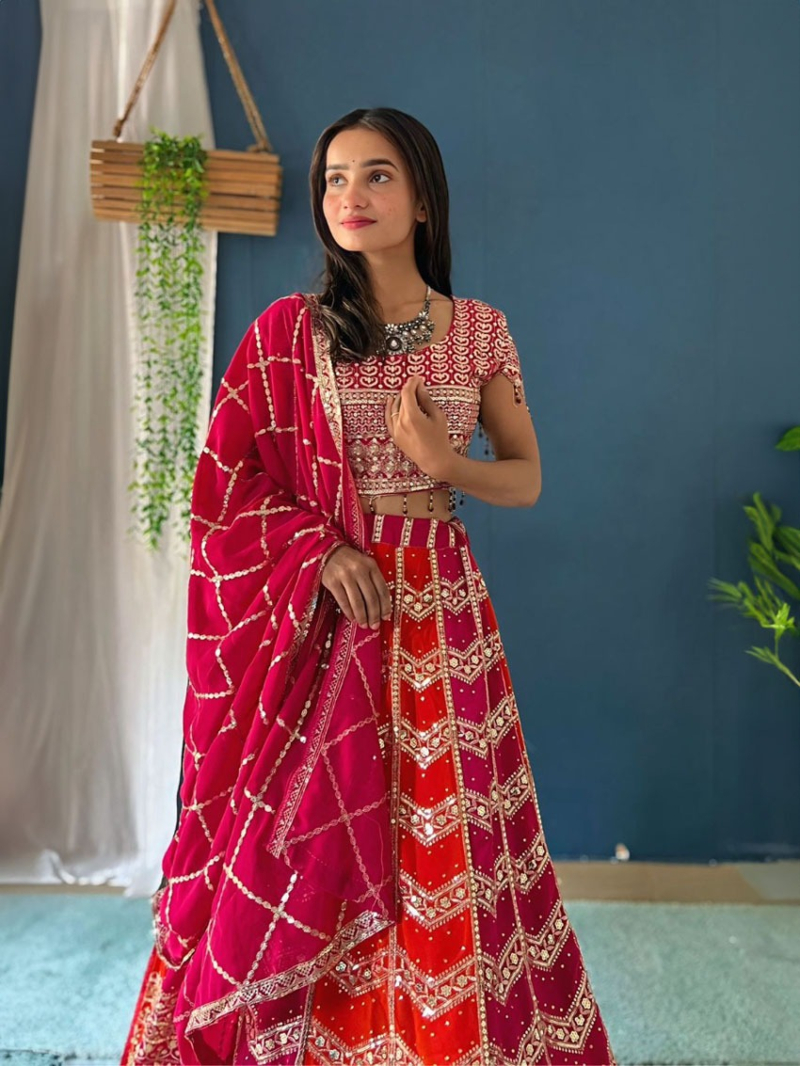 Elegnat Multicolor Sequin Thread Embroidered Georgette Lehanga Suit