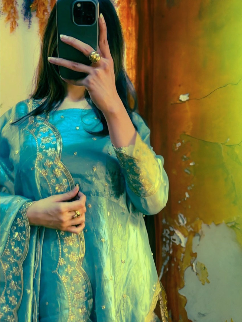 Elegant Ethnic Festive Turquoise Blue Crush Silk Anarkali Suit