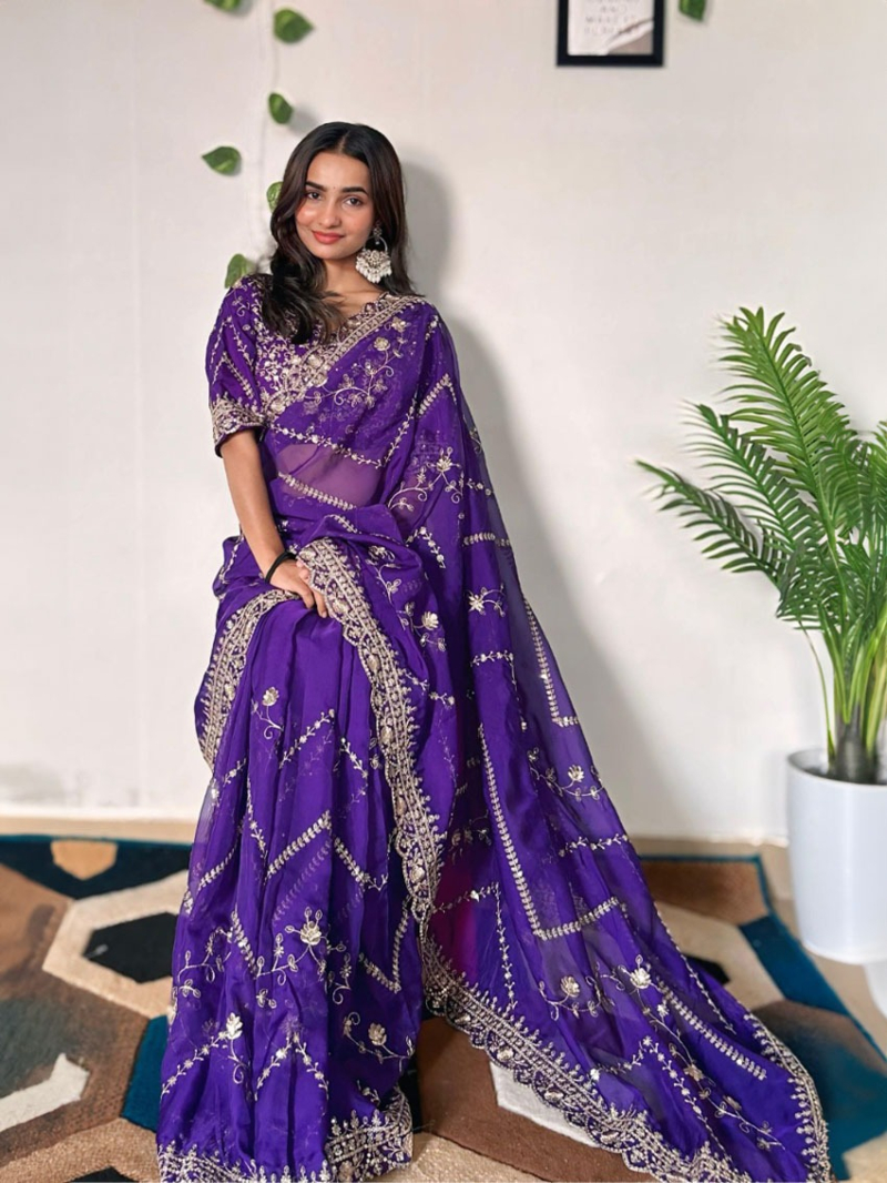 Authentic Violet Tabby Organza Silk Saree